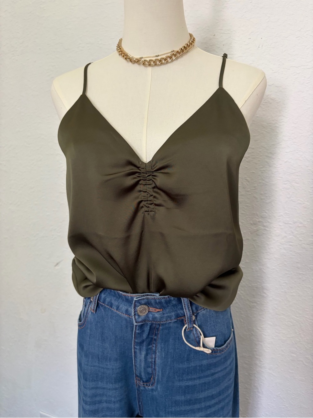 Express Olive Satin Ruched V-Neck Cami